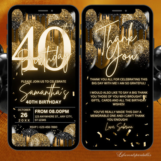 Digital 40th Birthday Invitation Template For Her Gold, Animated Fortieth Black Gold Balloon Invite For Him, Editable  Itinerary eCard