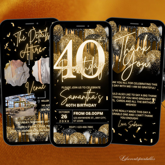 Digital 40th Birthday Invitation Template For Her Gold, Animated Fortieth Black Gold Balloon Invite For Him, Editable  Itinerary eCard