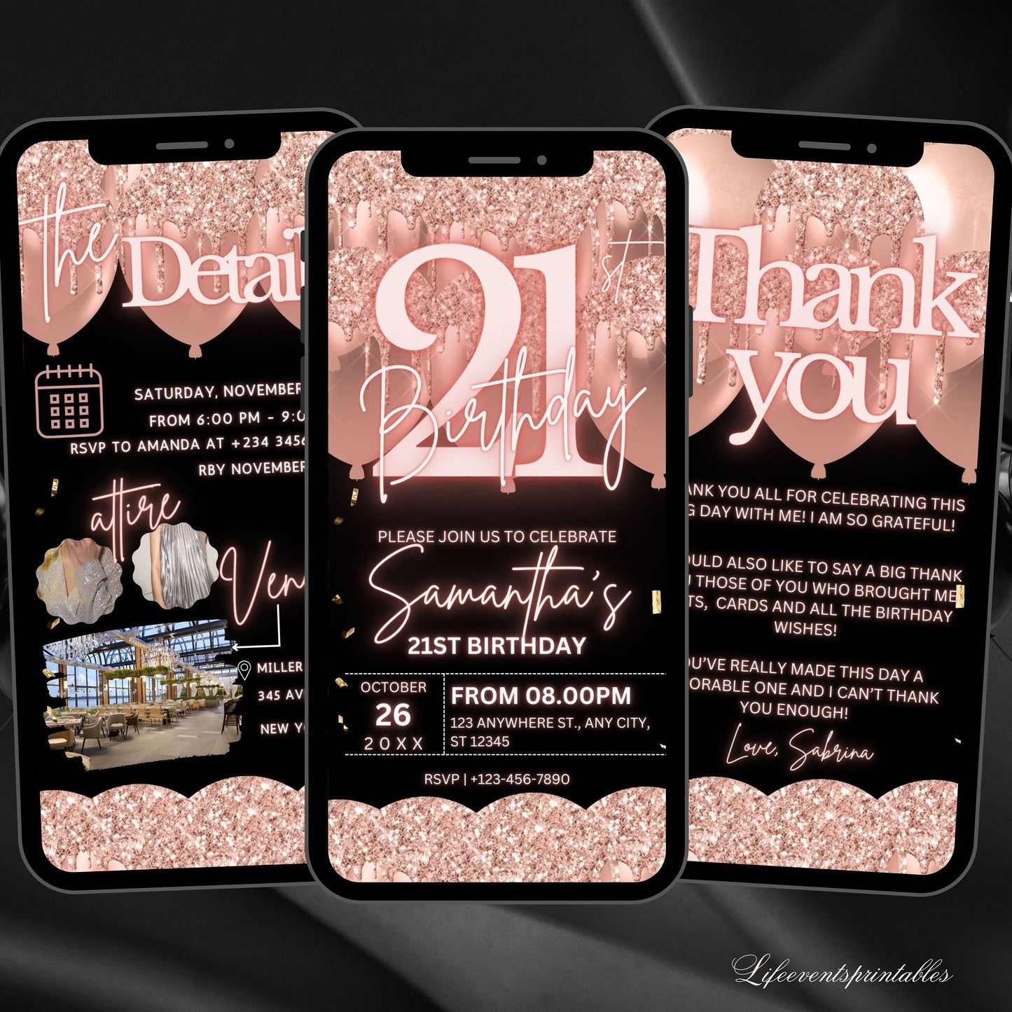 Digital 21ST Birthday Invitation Template For Her Rosegold, Animated Twenty First RoseGold Balloon Invite, Editable Pink Itinerary eCard