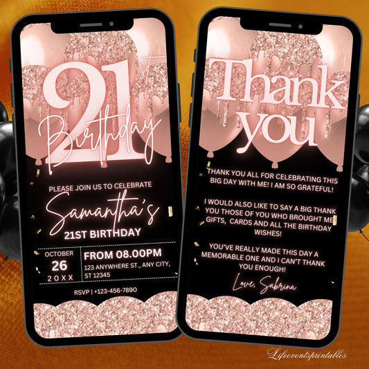 Digital 21ST Birthday Invitation Template For Her Rosegold, Animated Twenty First RoseGold Balloon Invite, Editable Pink Itinerary eCard