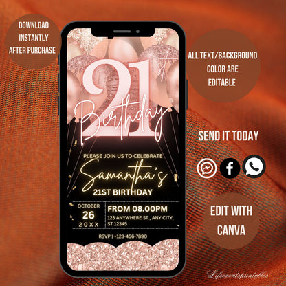 Digital 21ST Birthday Invitation Template For Her Rosegold, Animated Twenty First RoseGold Balloon Invite, Editable Pink Itinerary eCard