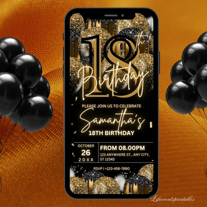 Digital 18th Birthday Invitation Template For Her Gold, Animated Eighteenth Black Gold Balloon Invite For Him, Editable Itinerary eCard