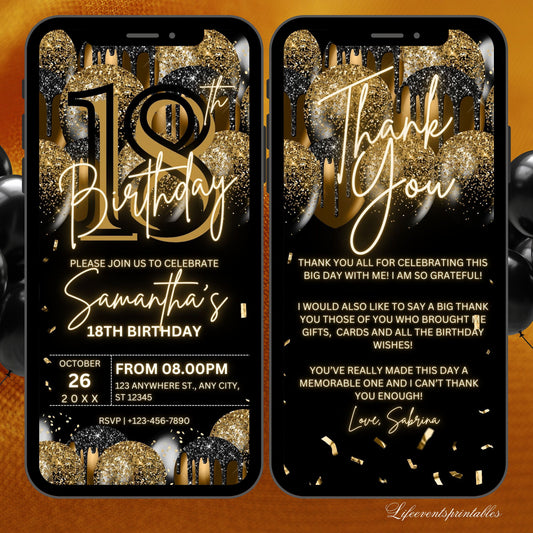 Digital 18th Birthday Invitation Template For Her Gold, Animated Eighteenth Black Gold Balloon Invite For Him, Editable Itinerary eCard