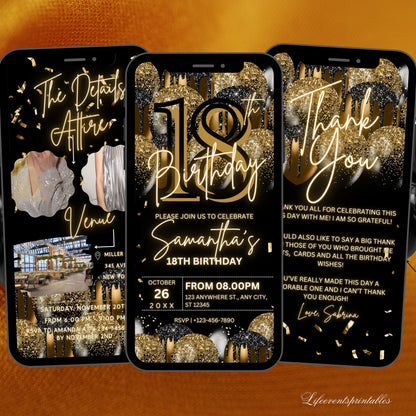 Digital 18th Birthday Invitation Template For Her Gold, Animated Eighteenth Black Gold Balloon Invite For Him, Editable Itinerary eCard