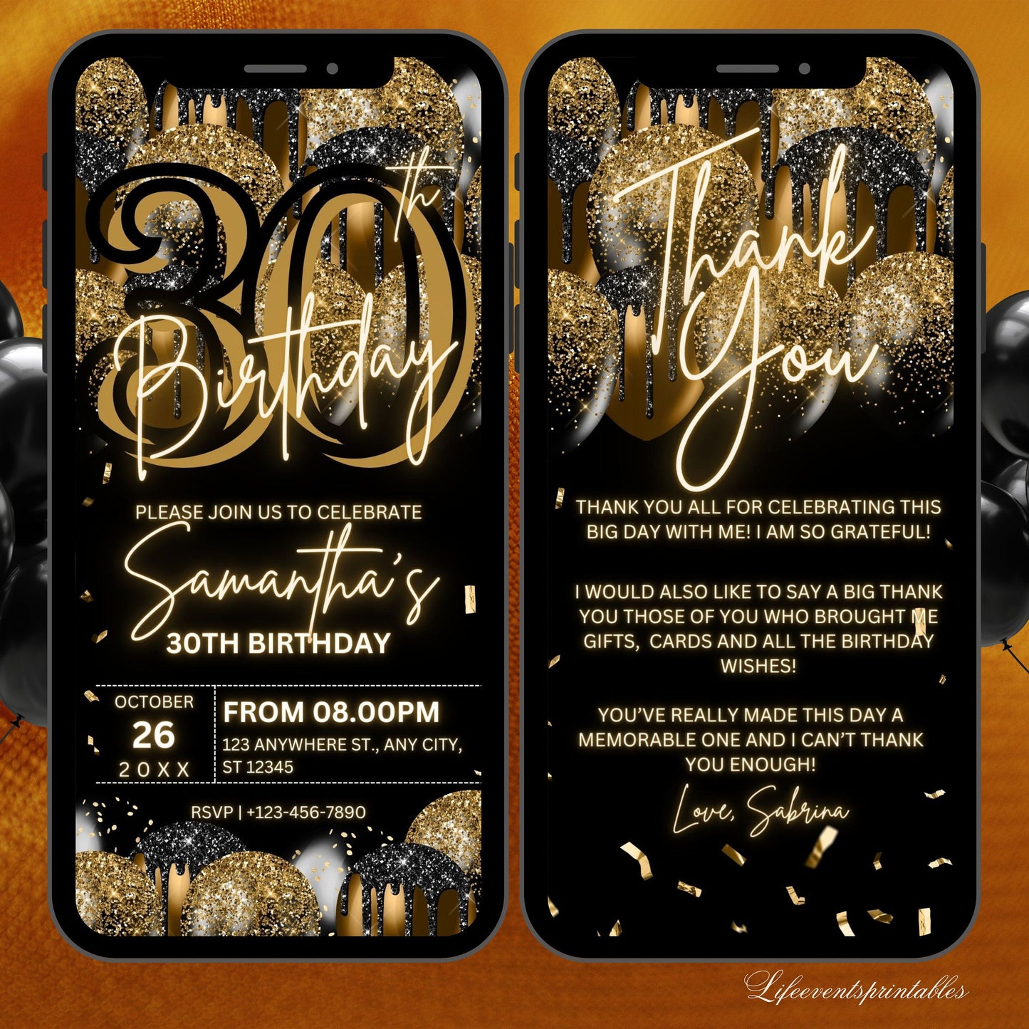 Digital 30th Birthday Invitation Template For Her Gold, Animated Thirtieth Black Gold Balloon Invite For Him, Editable  Itinerary eCard