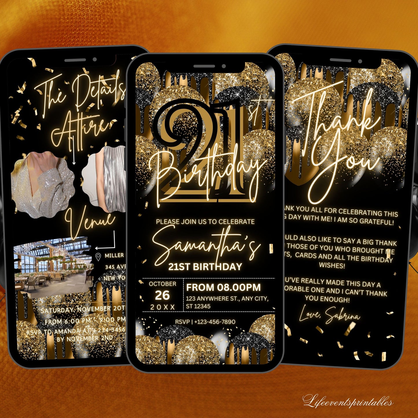 Digital 21ST Birthday Invitation Template For Her Gold, Animated Twenty First Black Gold Balloon Invite For Him, Editable Itinerary eCard