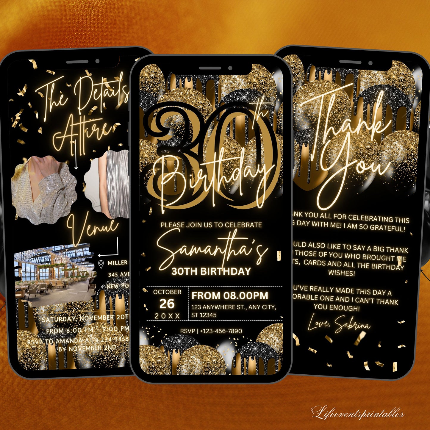 Digital 30th Birthday Invitation Template For Her Gold, Animated Thirtieth Black Gold Balloon Invite For Him, Editable  Itinerary eCard