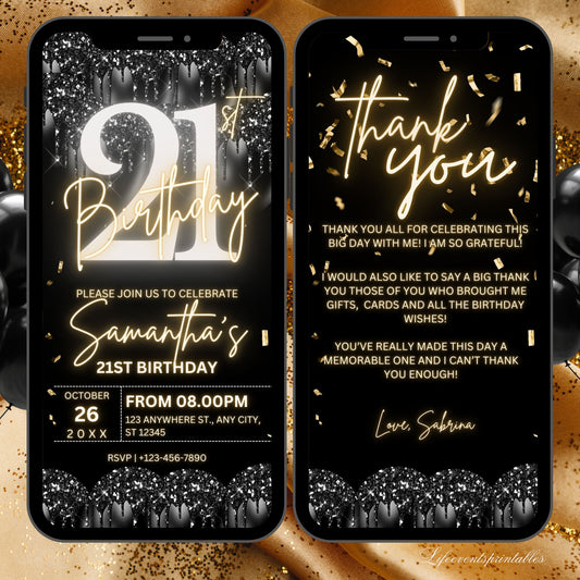 Digital 21ST Birthday Invitation Template For Her Gold, Animated Twenty First Black Gold Balloon Invite For Him, Editable Itinerary eCard