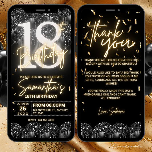 Digital 18th Birthday Invitation Template For Her Gold, Animated Eighteenth Black Gold Balloon Invite For Him, Editable Itinerary eCard