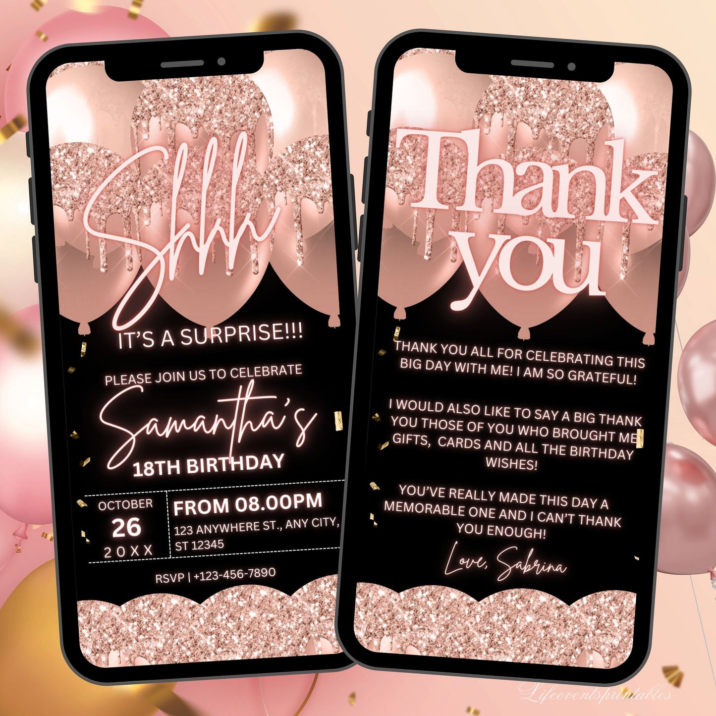 Rosegold Surprise Birthday invite for her, Surprise neon Birthday party invite, Blush Balloon Text Message Invitation, Mobile Phone invite