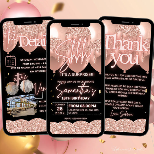 Rosegold Surprise Birthday invite for her, Surprise neon Birthday party invite, Blush Balloon Text Message Invitation, Mobile Phone invite