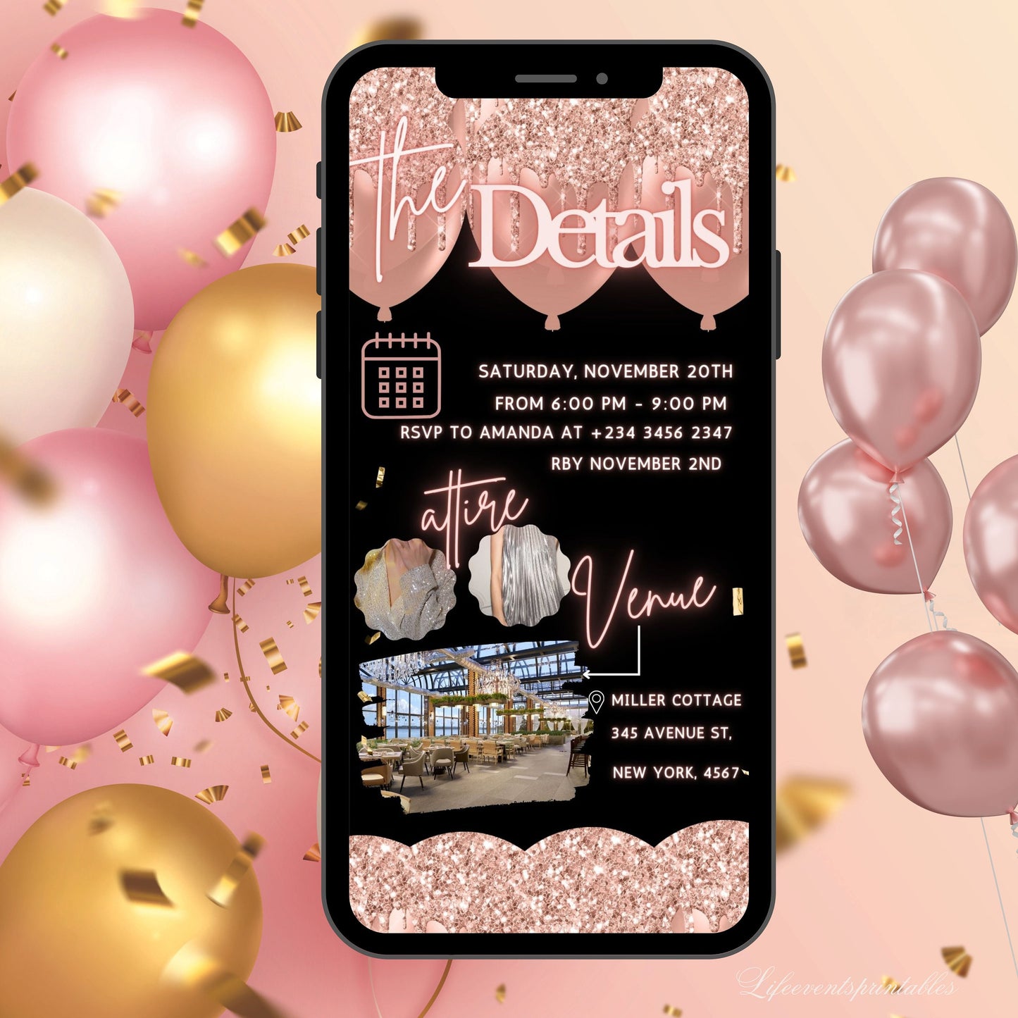 Rosegold Surprise Birthday invite for her, Surprise neon Birthday party invite, Blush Balloon Text Message Invitation, Mobile Phone invite