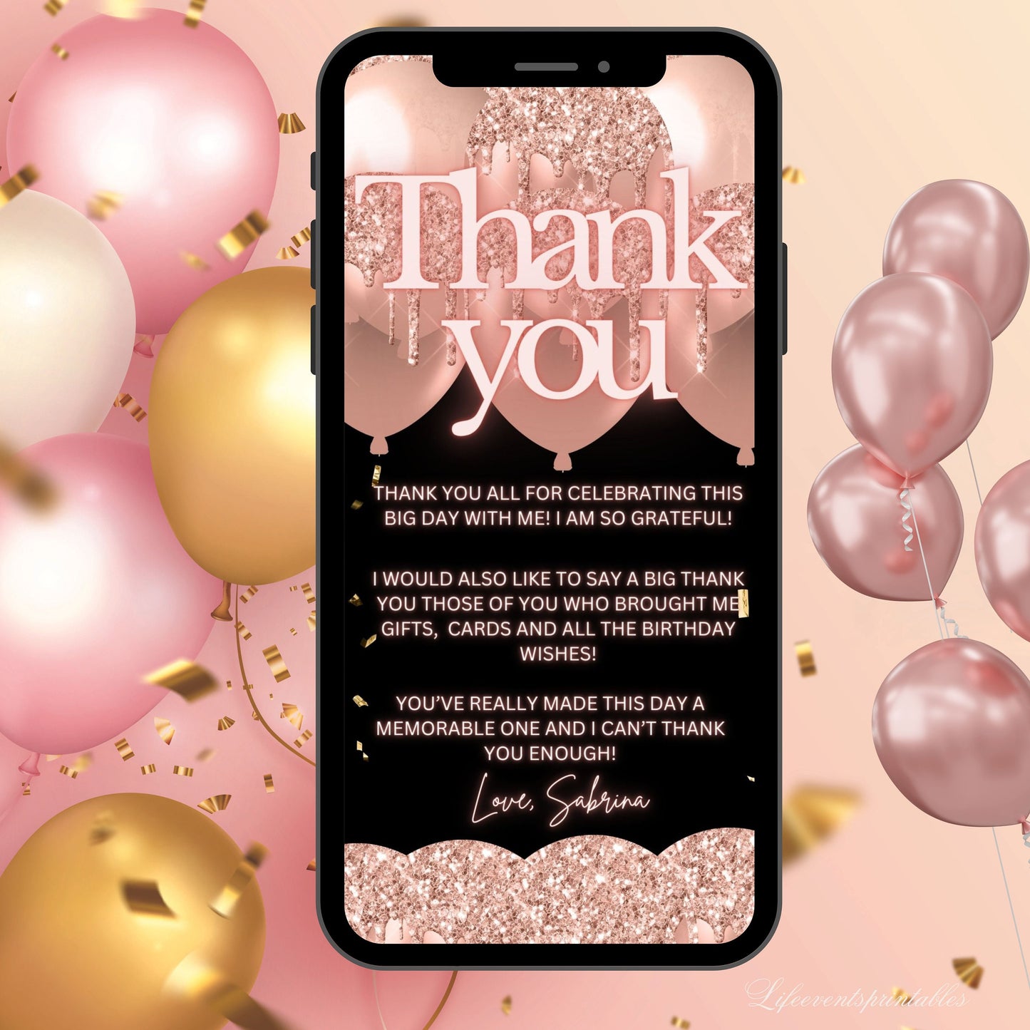 Rosegold Surprise Birthday invite for her, Surprise neon Birthday party invite, Blush Balloon Text Message Invitation, Mobile Phone invite