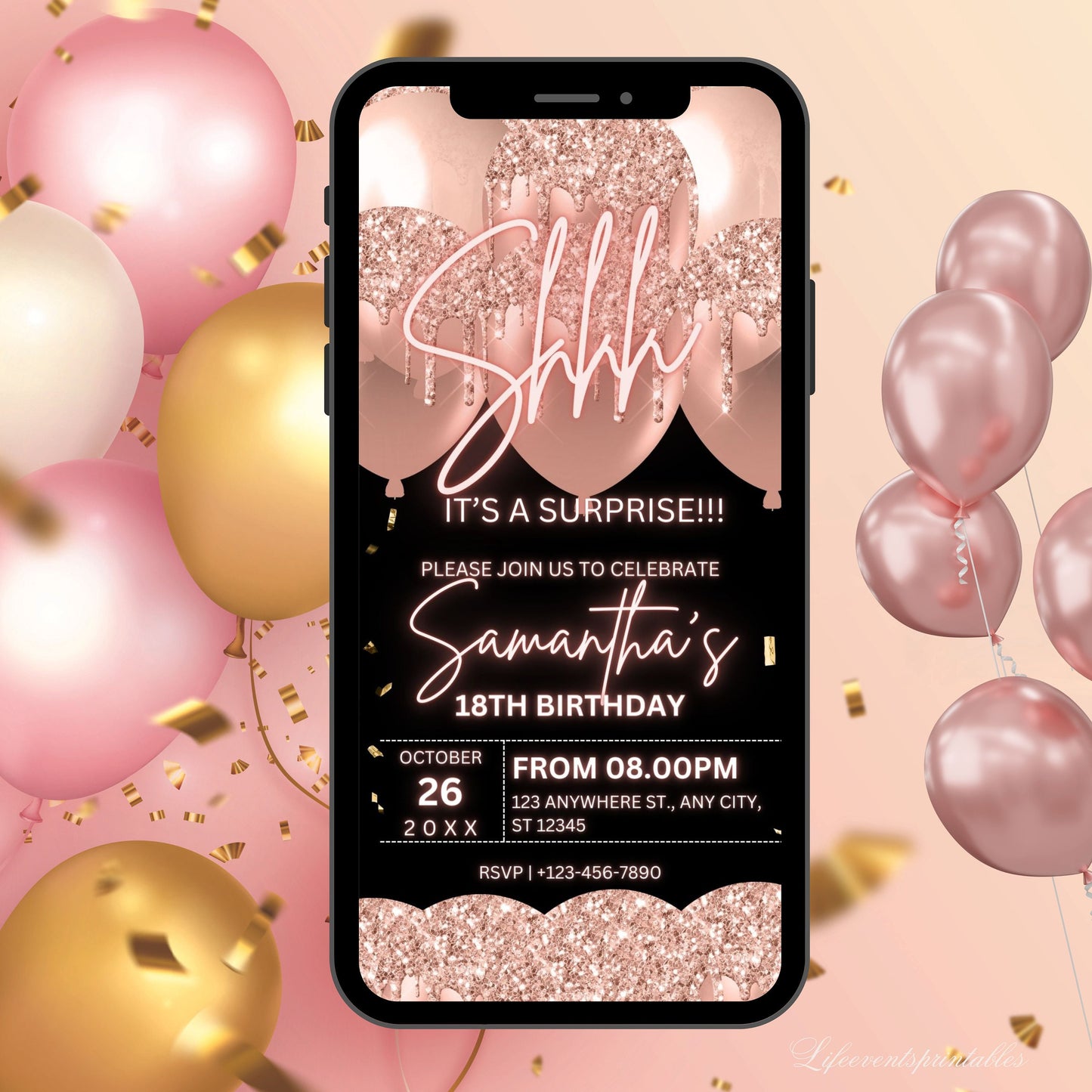 Rosegold Surprise Birthday invite for her, Surprise neon Birthday party invite, Blush Balloon Text Message Invitation, Mobile Phone invite