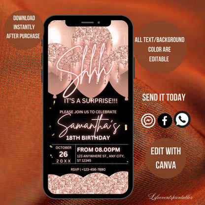 Rosegold Surprise Birthday invite for her, Surprise neon Birthday party invite, Blush Balloon Text Message Invitation, Mobile Phone invite