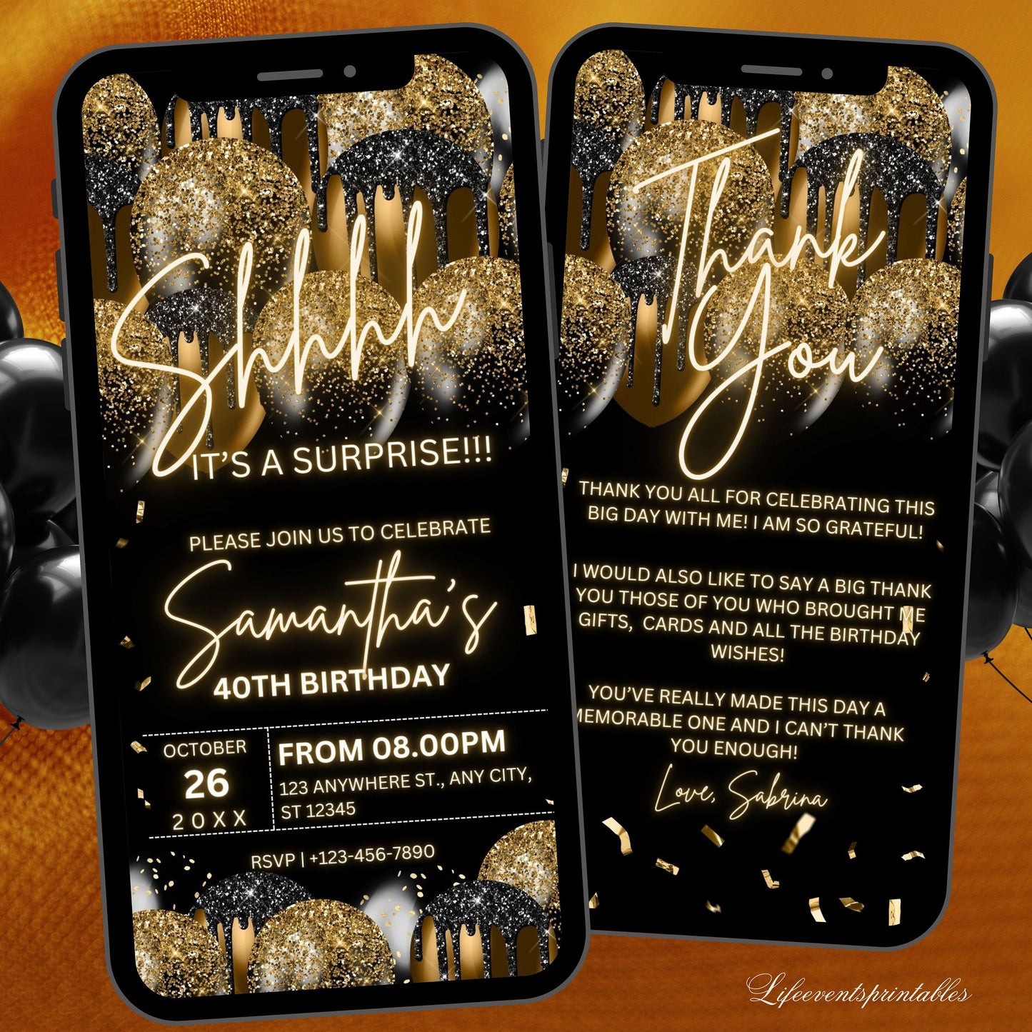 Black gold Surprise Birthday invite for her, Surprise neon Birthday party invite, Gold Balloon Text Message Invitation, Mobile Phone invite