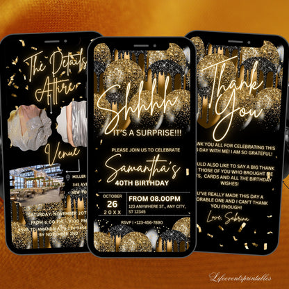 Black gold Surprise Birthday invite for her, Surprise neon Birthday party invite, Gold Balloon Text Message Invitation, Mobile Phone invite