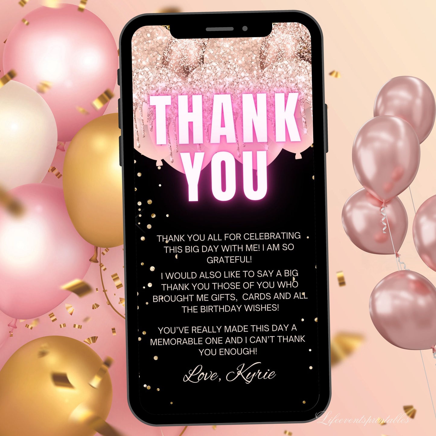 Digital 21ST Birthday Invitation Template For Her Rosegold, Animated Twenty First RoseGold Balloon Invite, Editable Pink Itinerary eCard