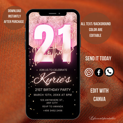 Digital 21ST Birthday Invitation Template For Her Rosegold, Animated Twenty First RoseGold Balloon Invite, Editable Pink Itinerary eCard