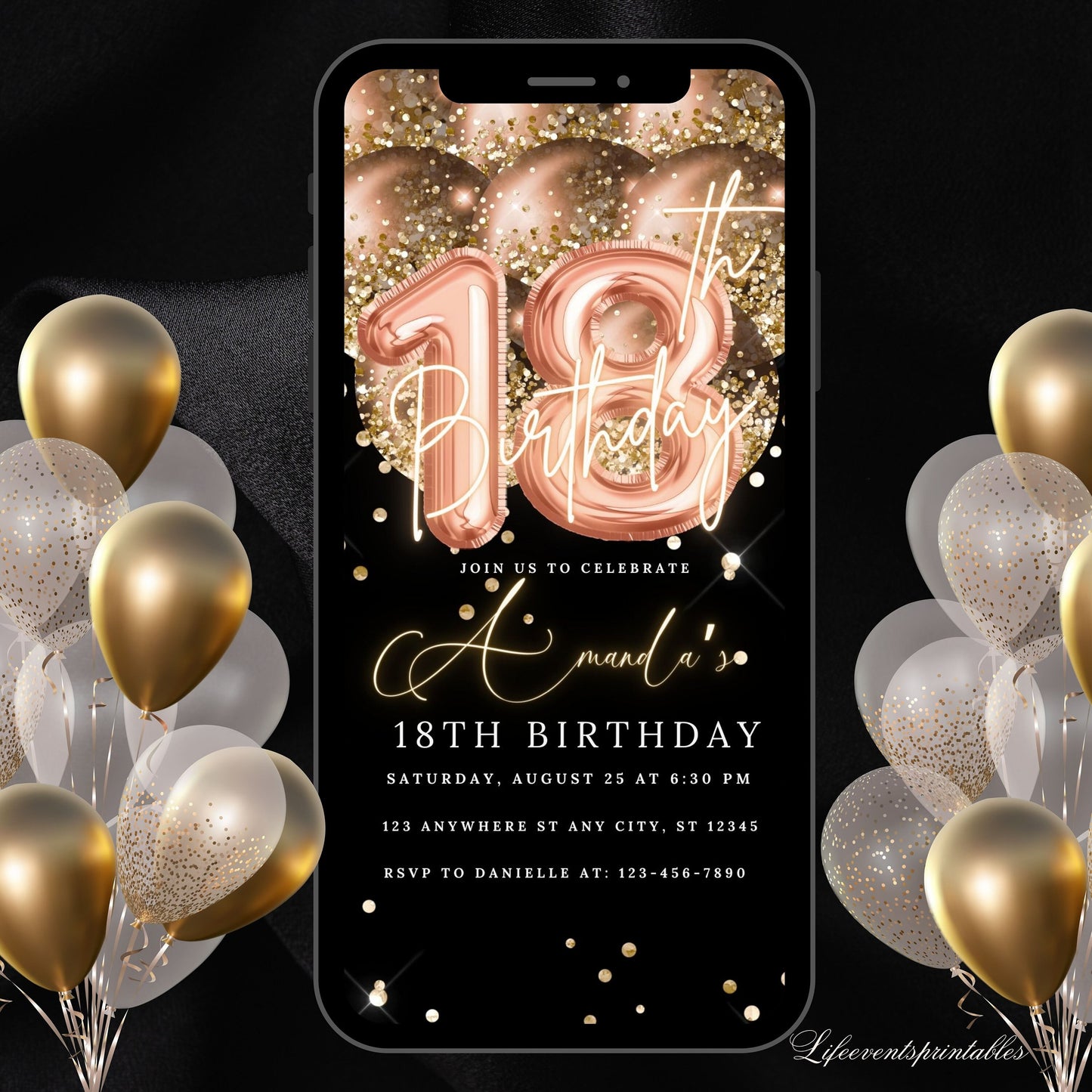 Digital 18th Birthday Invitation Template, Electronic 18th Party Invite, Rose Gold Neon Text Evite, Digital Invite Glitter, Birthday Party