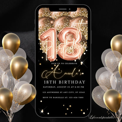 Digital 18th Birthday Invitation Template, Electronic 18th Party Invite, Rose Gold Neon Text Evite, Digital Invite Glitter, Birthday Party