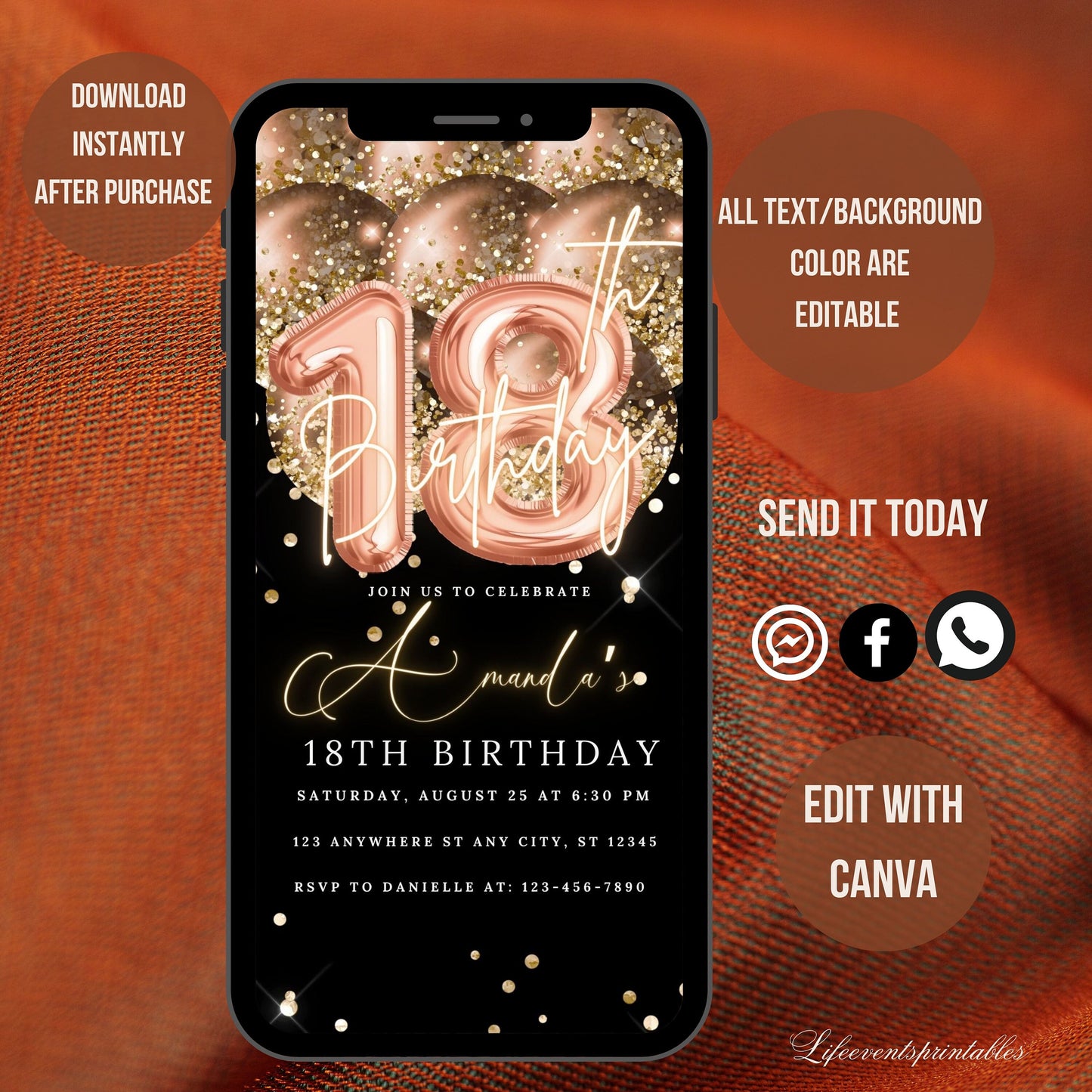 Digital 18th Birthday Invitation Template, Electronic 18th Party Invite, Rose Gold Neon Text Evite, Digital Invite Glitter, Birthday Party