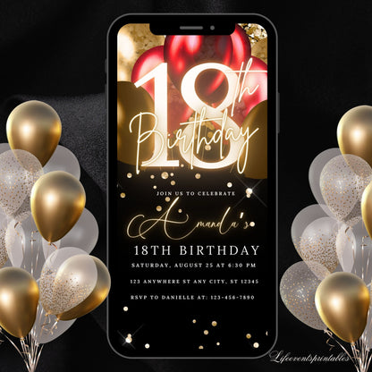 Digital 18th Birthday Invitation Template, Electronic 18th Party Invite, Rose Gold Neon Text Evite, Digital Invite Glitter, Birthday Party