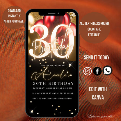 Digital 30th Birthday Invitation, 30th E-Invite, 30th Birthday Evite, 30th Party Invitation, Digital 30th Invitation, Digital Invitation