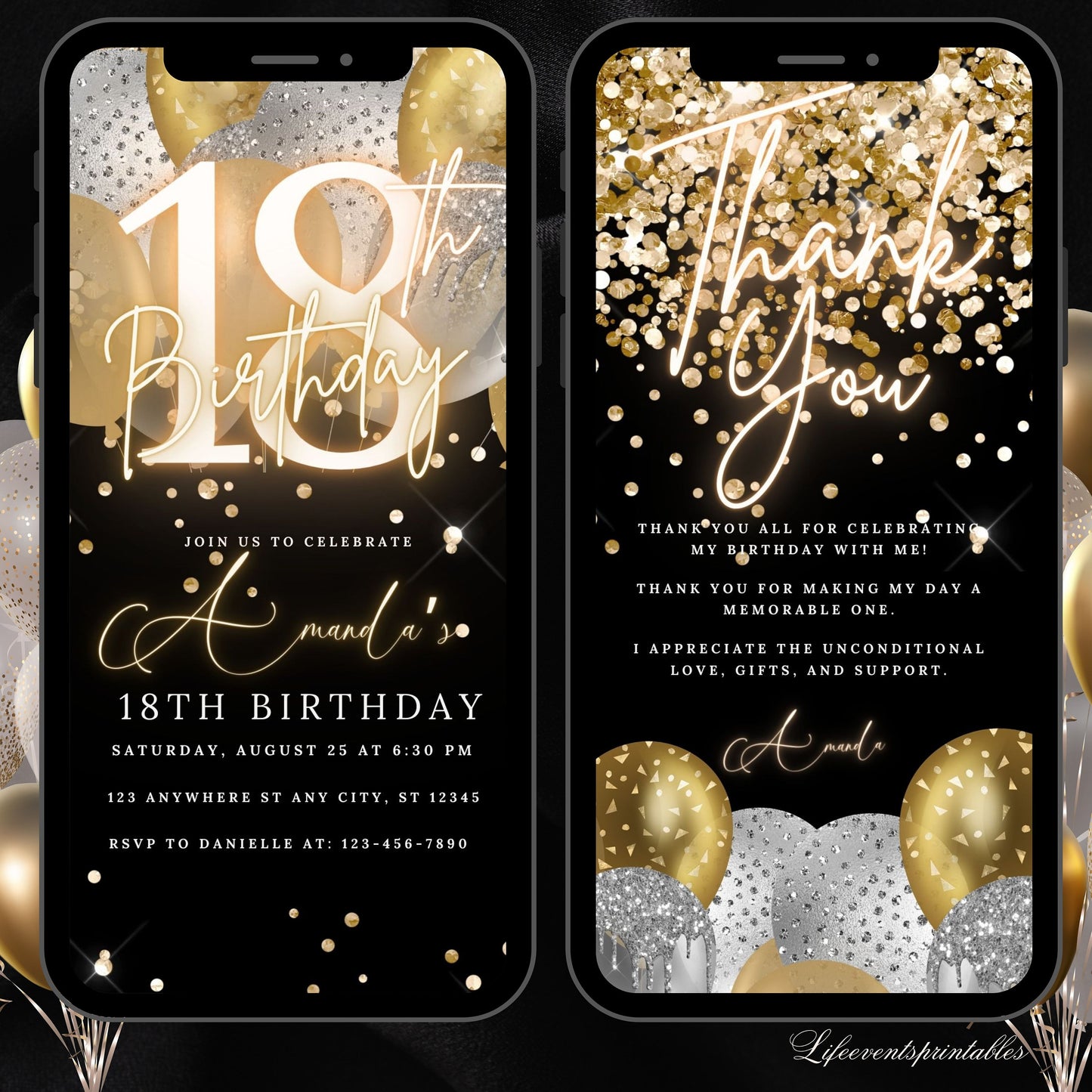 Digital 18th Birthday Invitation Template, Electronic 18th Party Invite, Rose Gold Neon Text Evite, Digital Invite Glitter, Birthday Party