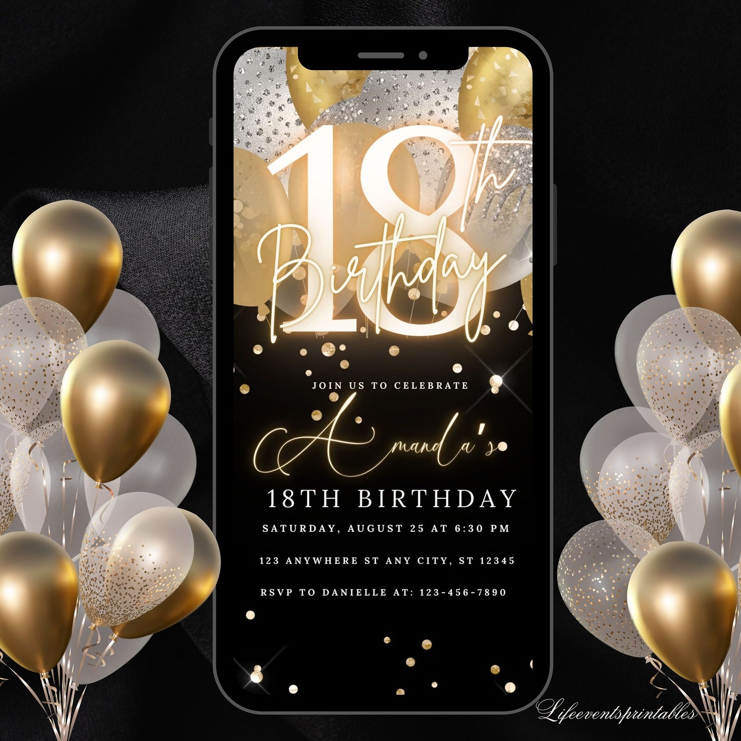 Digital 18th Birthday Invitation Template, Electronic 18th Party Invite, Rose Gold Neon Text Evite, Digital Invite Glitter, Birthday Party