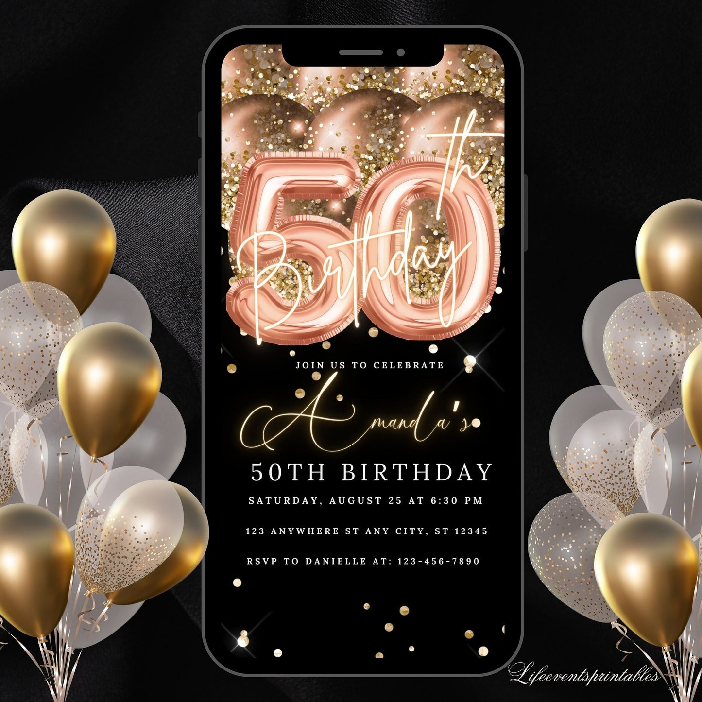 Digital 50th Birthday Invitation For Women, Editable 50th Invite Evite, Virtual Rustic Fifty Party Invite For Her, Birthday Invite For Her