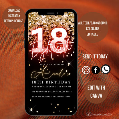 Digital 18th Birthday Invitation Template, Electronic 18th Party Invite, Rose Gold Neon Text Evite, Digital Invite Glitter, Birthday Party