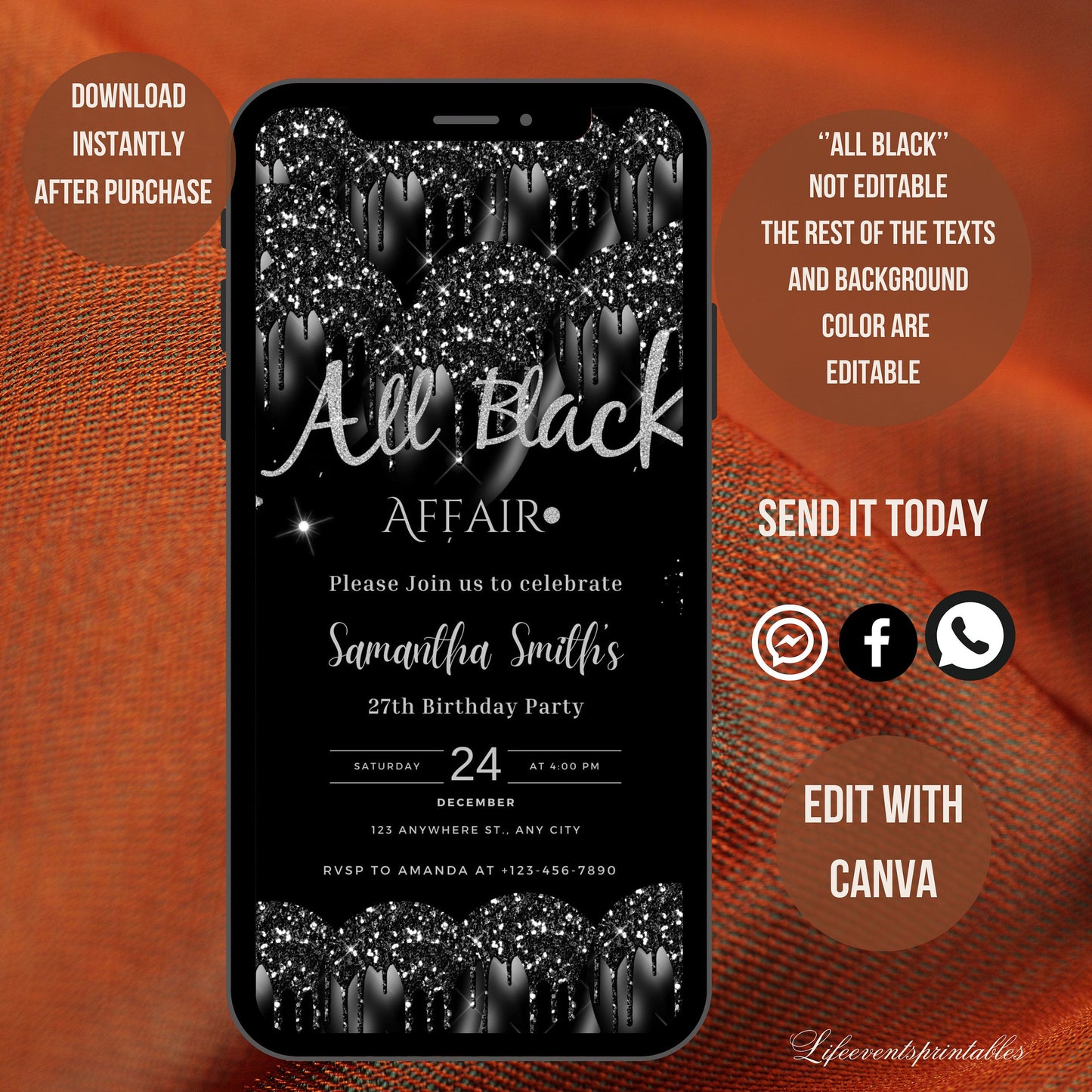 All Black Affair Invitation Template, Editable All Black Party Invitation, Digital Black Birthday Birthday Invite, Text Invite