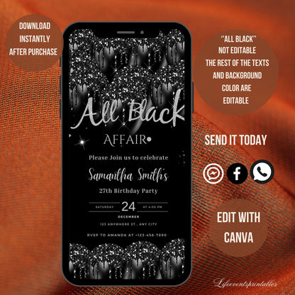 All Black Affair Invitation Template, Editable All Black Party Invitation, Digital Black Birthday Birthday Invite, Text Invite