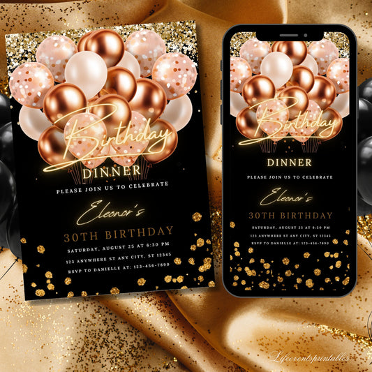 Editable Rosegold Black Birthday Party Invitation Template, Printable Rose Gold Glitter Balloons Invite, Any Age Evite Phone Birthday Evite