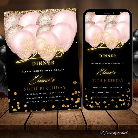 Editable Rosegold Black Birthday Party Invitation Template, Printable Rose Gold Glitter Balloons Invite, Any Age Evite Phone Birthday Evite