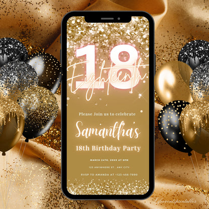 Digital 18th Birthday Invitation Template, Electronic 18th Party Invite, Brown Gold Neon Text Evite, Digital Invite Glitter, Birthday Party