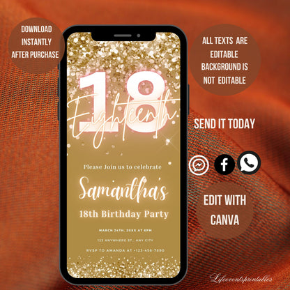 Digital 18th Birthday Invitation Template, Electronic 18th Party Invite, Brown Gold Neon Text Evite, Digital Invite Glitter, Birthday Party