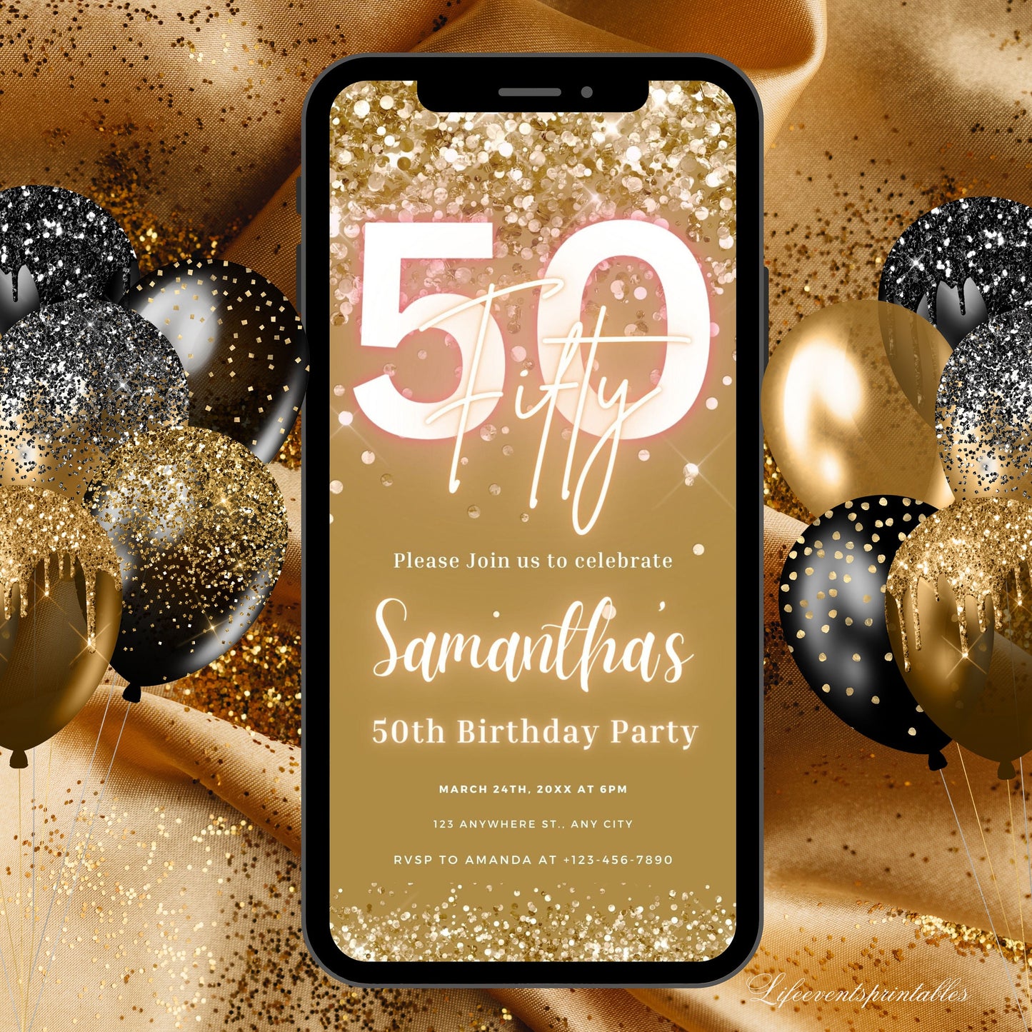 Digital 50th Birthday Invitation For Women, Editable 50th Invite Evite, Virtual Rustic Fifty Party Invite For Her, Birthday Invite For Her