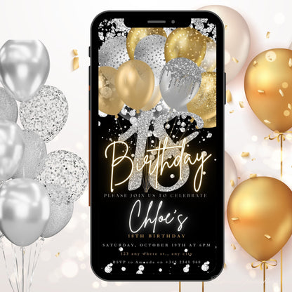 Digital 18th Birthday Invitation Template, Electronic 18th Party Invite, Rose Gold Neon Text Evite, Digital Invite Glitter, Birthday Party