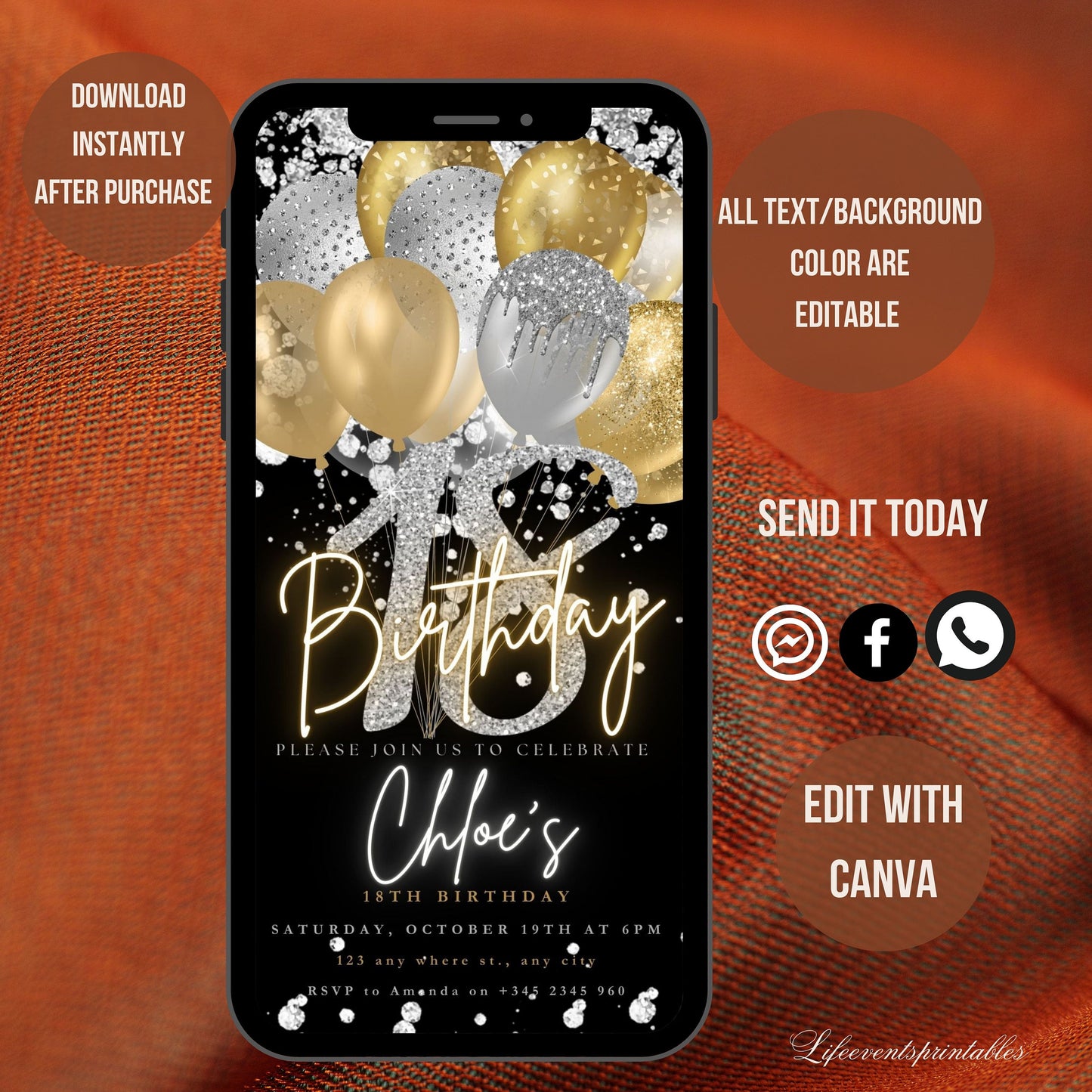 Digital 18th Birthday Invitation Template, Electronic 18th Party Invite, Rose Gold Neon Text Evite, Digital Invite Glitter, Birthday Party