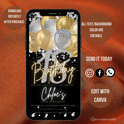 Digital 18th Birthday Invitation Template, Electronic 18th Party Invite, Rose Gold Neon Text Evite, Digital Invite Glitter, Birthday Party