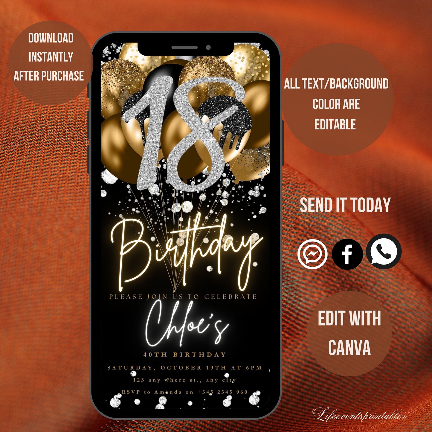 Digital 18th Birthday Invitation Template, Electronic 18th Party Invite, Rose Gold Neon Text Evite, Digital Invite Glitter, Birthday Party