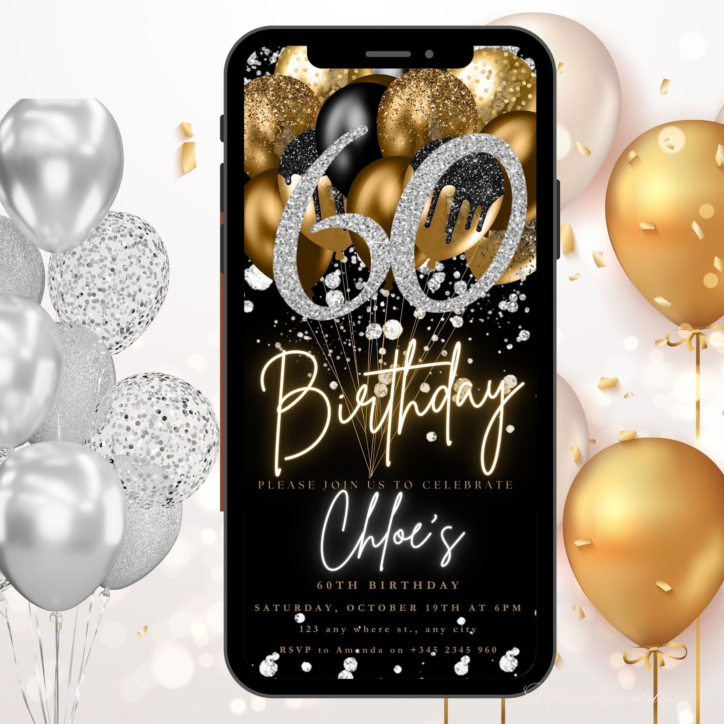 Digital Black Silver Sixtieth Birthday Invitation Template 60th Electronic Birthday Invite Birthday Invitation, Editable Text Message