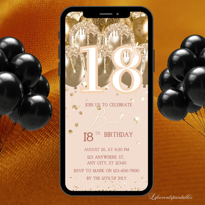 Digital 18th Birthday Invitation Template, Electronic 18th Party Invite, Rose Gold Neon Text Evite, Digital Invite Glitter, Birthday Party