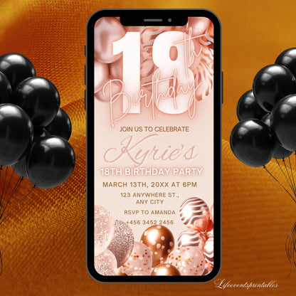 Digital 18th Birthday Invitation Template, Electronic 18th Party Invite, Rose Gold Neon Text Evite, Digital Invite Glitter, Birthday Party