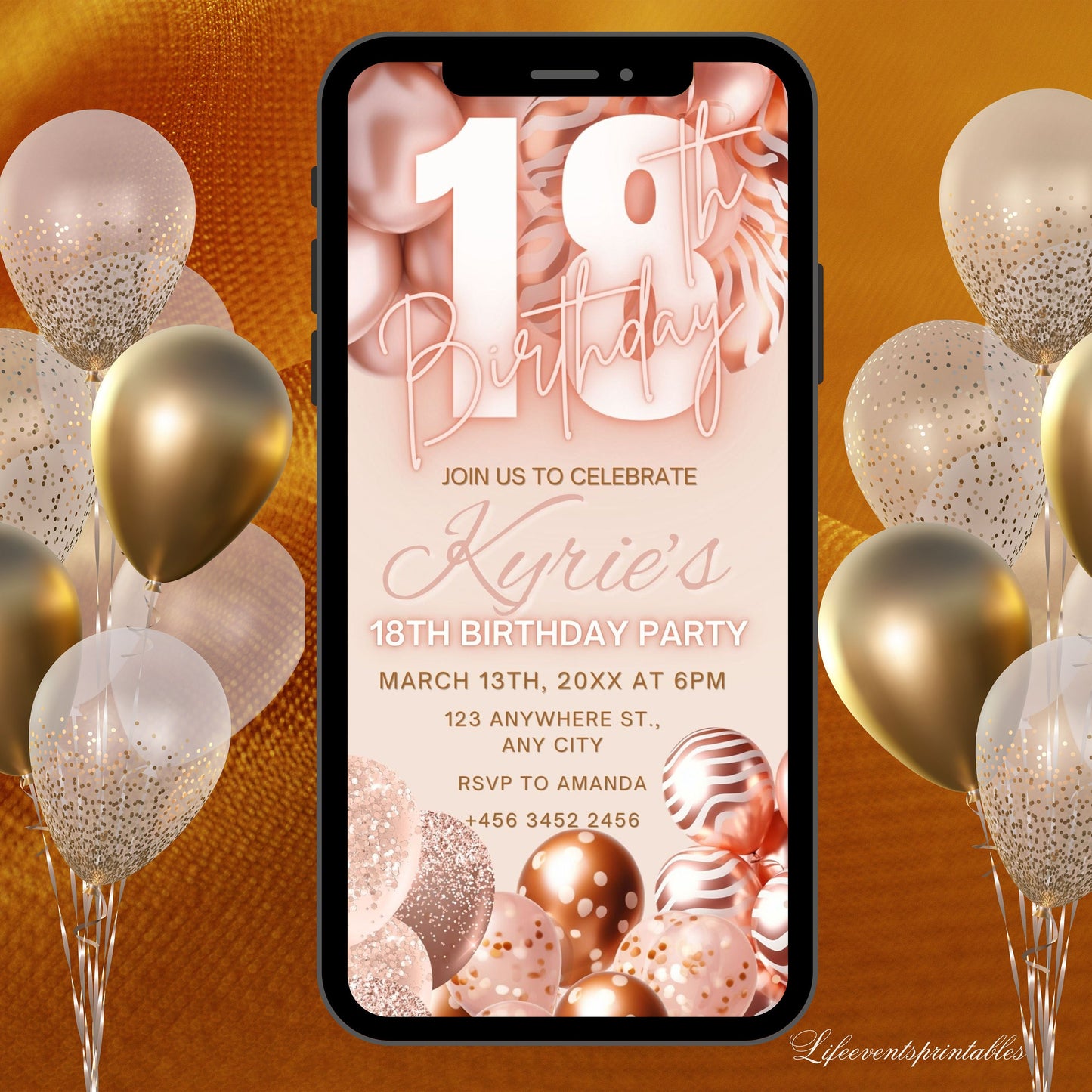 Digital 18th Birthday Invitation Template, Electronic 18th Party Invite, Rose Gold Neon Text Evite, Digital Invite Glitter, Birthday Party