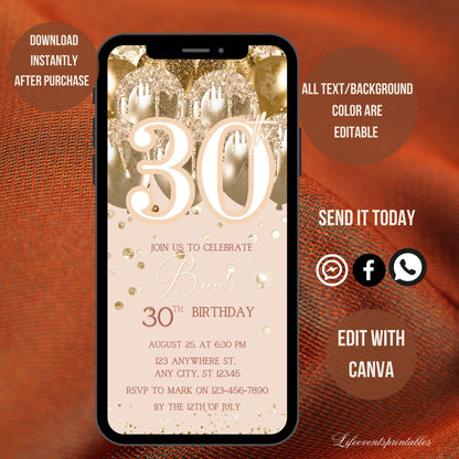 Thirty Birthday Invitation, 30th Birthday invite, Thirtieth E-Invite Template, Text Message Invitation, Digital Invite, Mobile Phone Evite