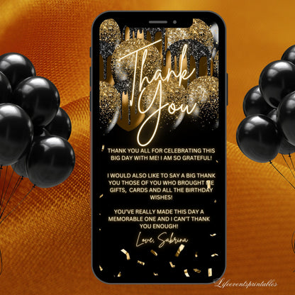 Digital 18th Birthday Invitation Template For Her Gold, Animated Eighteenth Black Gold Balloon Invite For Him, Editable  Itinerary eCard