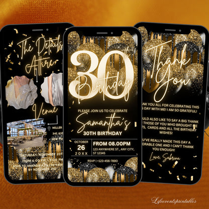 Digital 30th Birthday Invitation Template For Her Gold, Animated Thirtieth Black Gold Balloon Invite For Him, Editable  Itinerary eCard